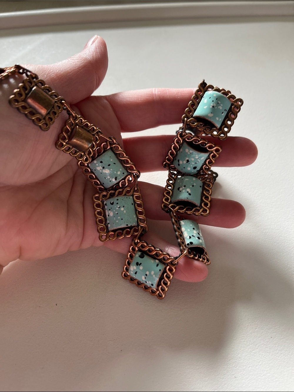 Vintage Mid-Century Copper Enamel Necklace Turquoise Speckled Squares 1950s - Picture 12 of 12